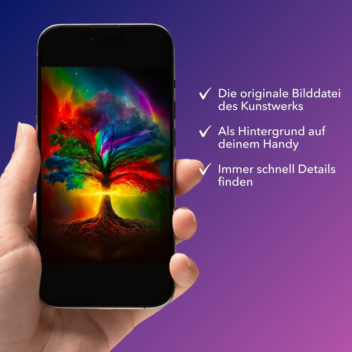 Digitale Bildmappe Lebensbaum für Diamond Painting auf einem Smartphone als digitale Vorlage für Kreativprojekte