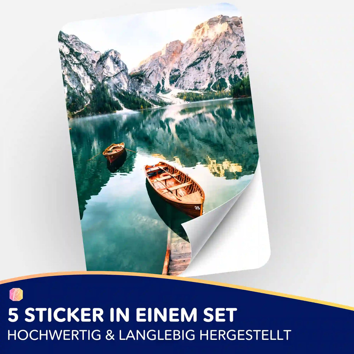 5er-Set Sticker für Diamond Painting und Malen nach Zahlen mit Motiv: friedliches Ruderboot auf einem Bergsee