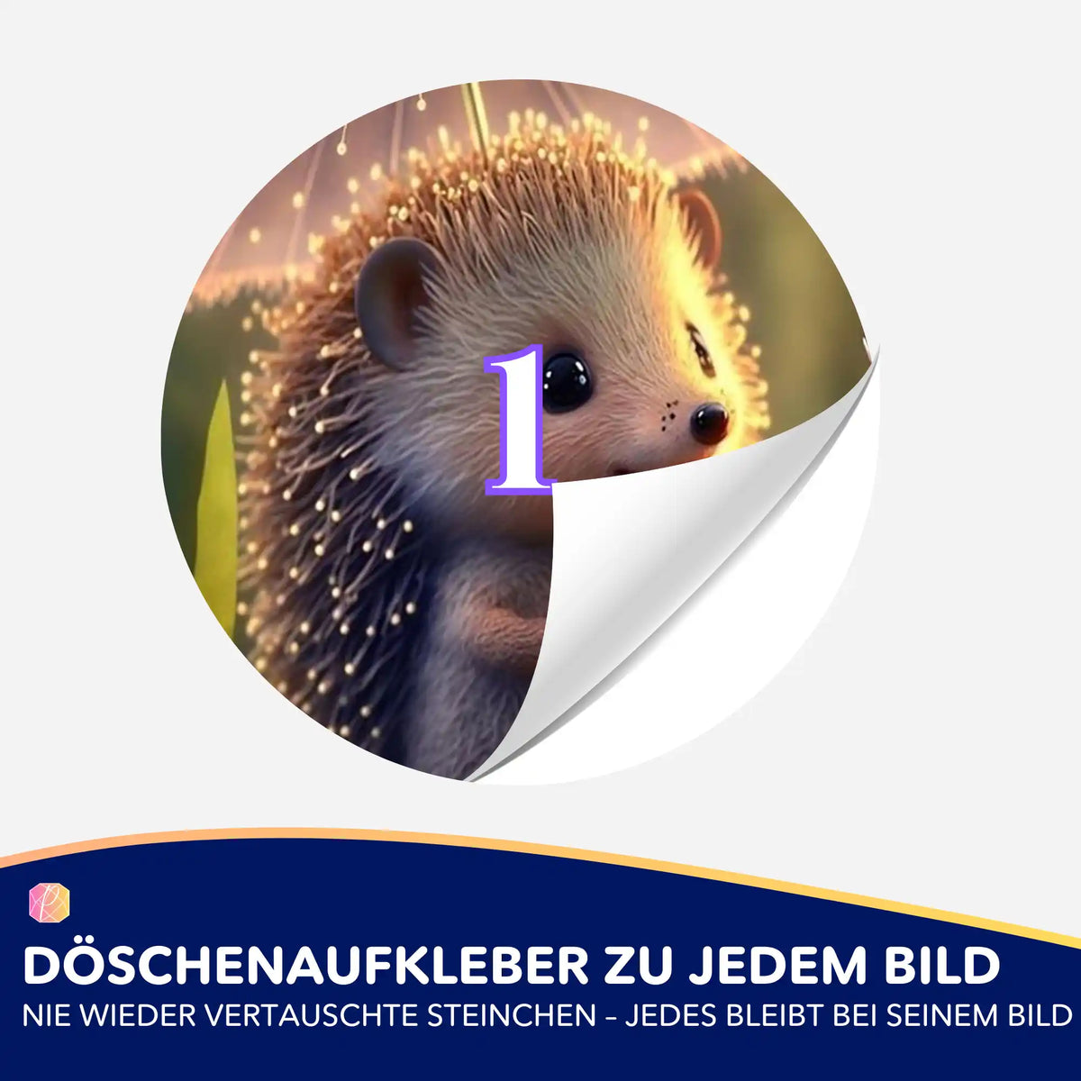 Runder Döschenaufkleber mit niedlichem Igel-Motiv zur Organisation von Diamond Painting Steinchen bei Picmondoo.