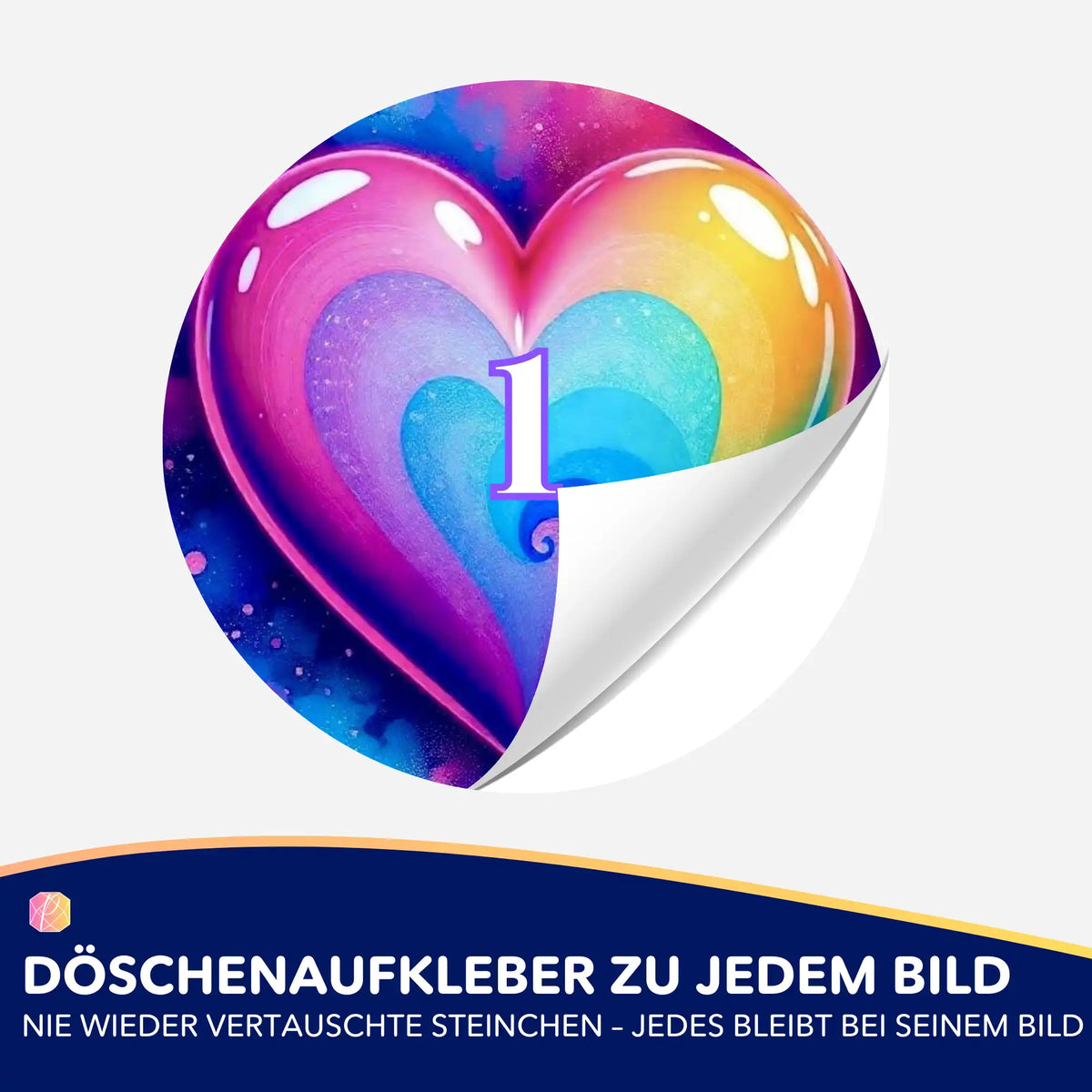 Bunter Love Herz Aufkleber mit Nummer 1 für Diamond Painting Döschen zur organisierten Aufbewahrung der Steinchen.