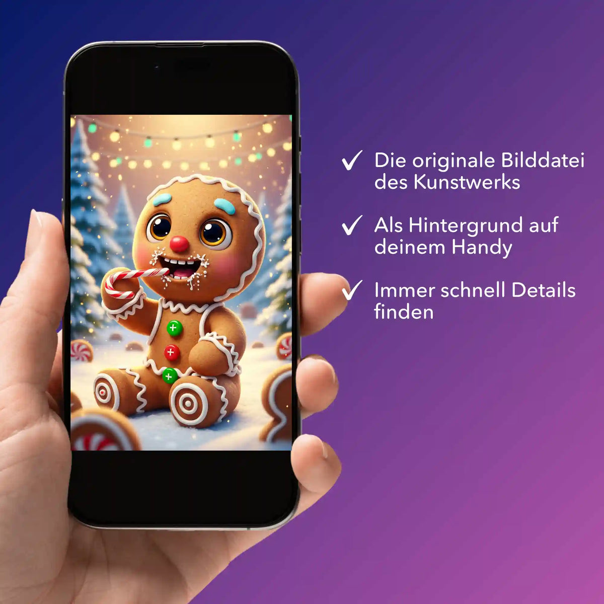 Smartphone zeigt digitale Bildmappe mit süßem Lebkuchenmann Motiv für Diamond Painting und Malen nach Zahlen