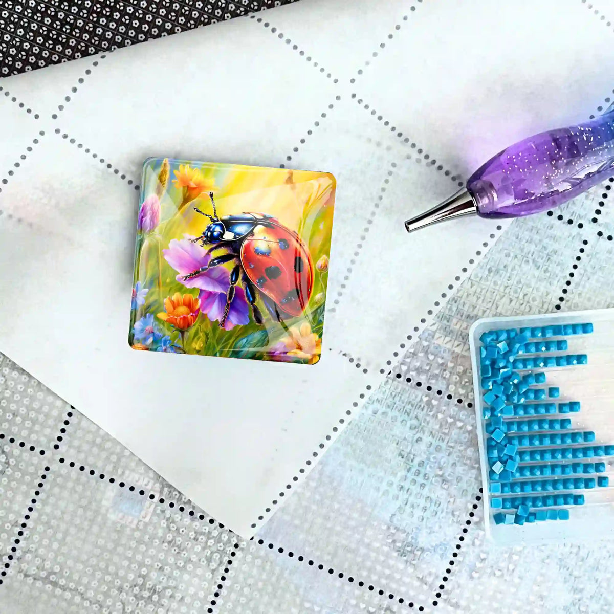 Marienkäfer Cover Minder auf Diamond Painting Leinwand mit Glitzer-Stift und blauen Diamanten