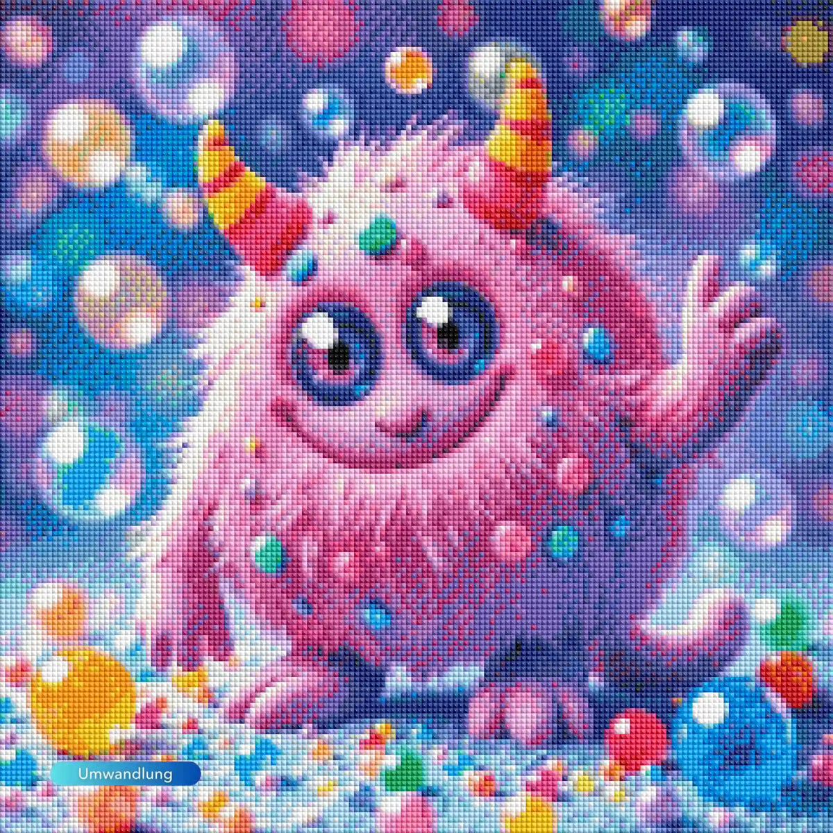 Diamond Painting Rolli: Flauschiges rosa Monster als süßes Fantasy-Motiv mit Seifenblasen aus bunten Glitzersteinen