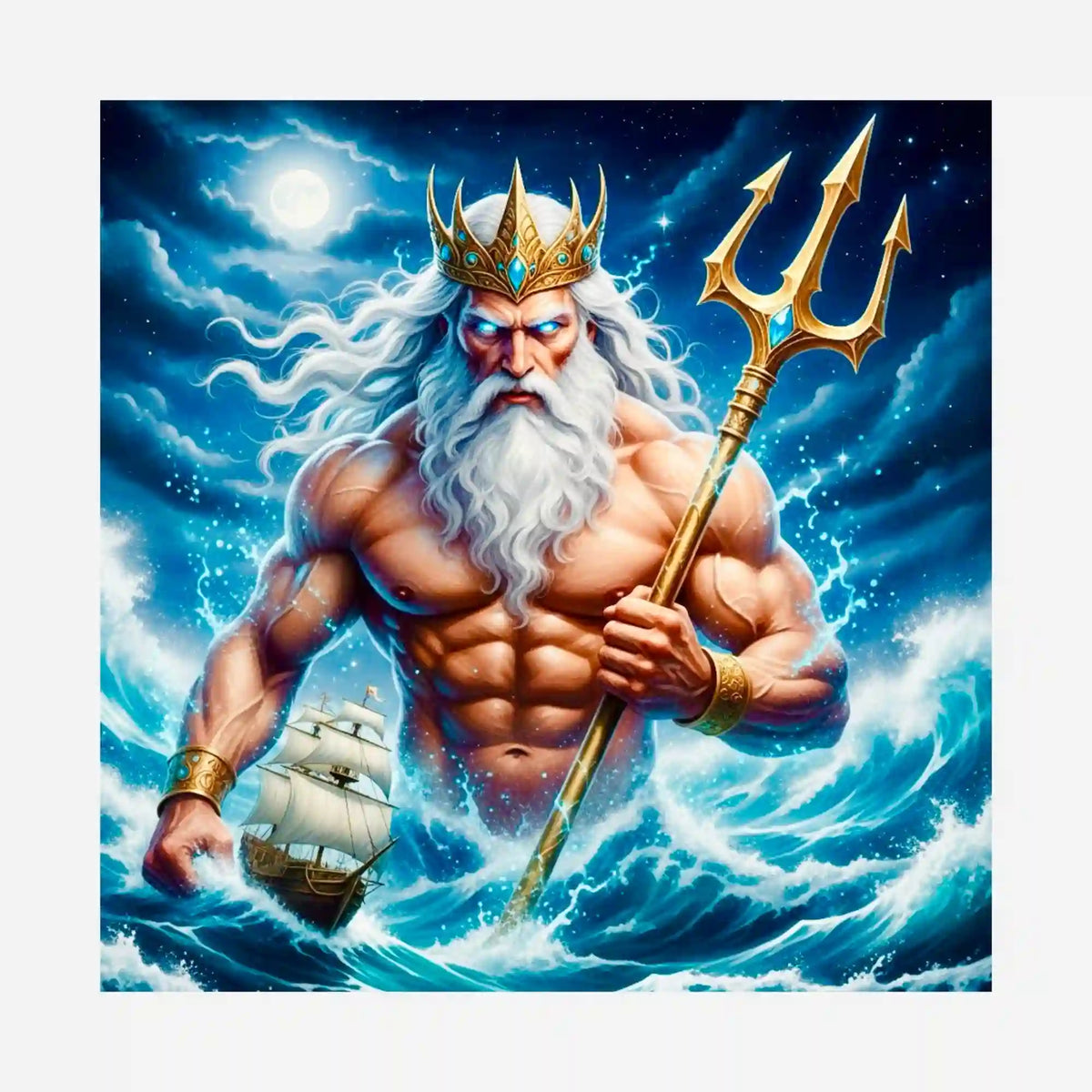 Poseidon Diamond Painting Motiv: Meeresgott mit goldenem Dreizack und Krone vor stürmischem Ozean und Segelschiff