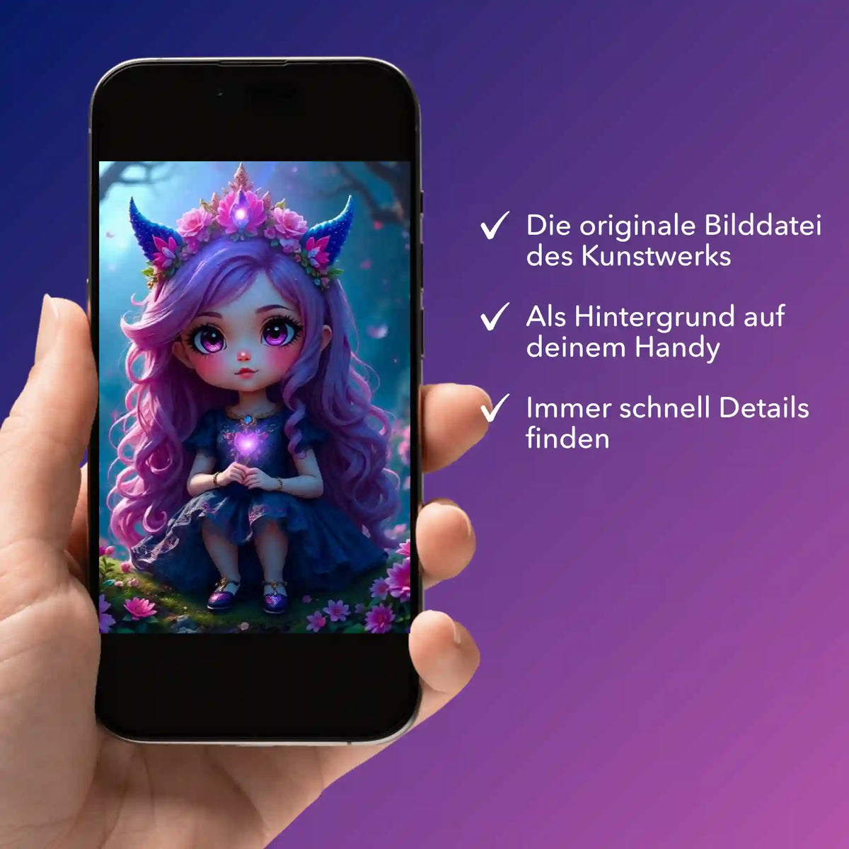 Digitale Bildmappe Little Violett für Diamond Painting auf einem Smartphone als Hintergrundbild angezeigt