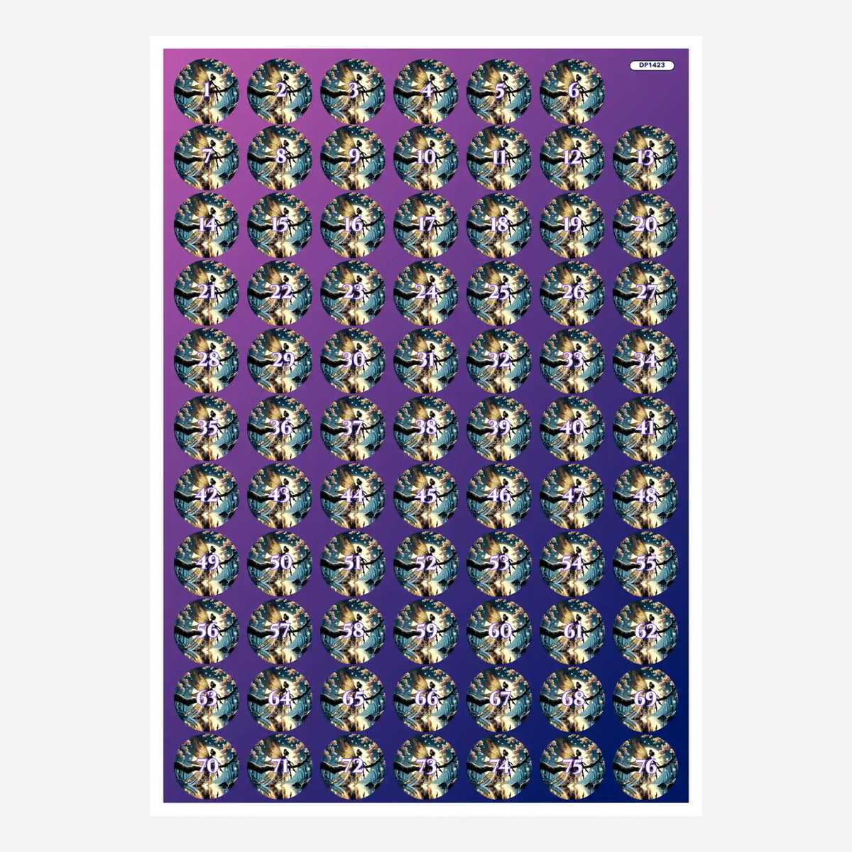 Bogen mit runden Döschenaufklebern für Diamond Painting Zubehör, Motiv Mondscheinfee zur Organisation von Steinfarben.