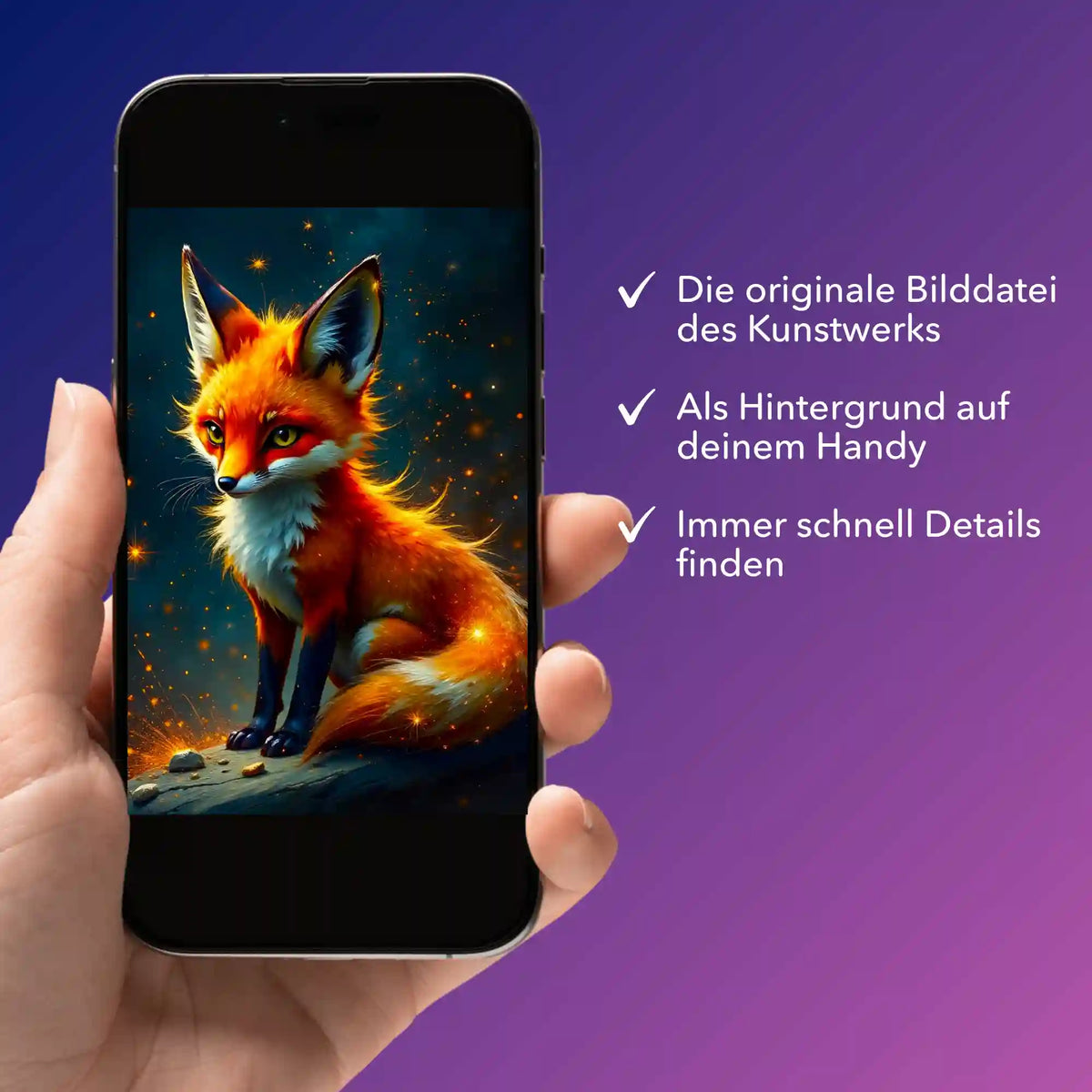 Digitale Bildmappe zum Diamond Painting Motiv Foxy auf Smartphone-Display mit Fuchs-Grafik