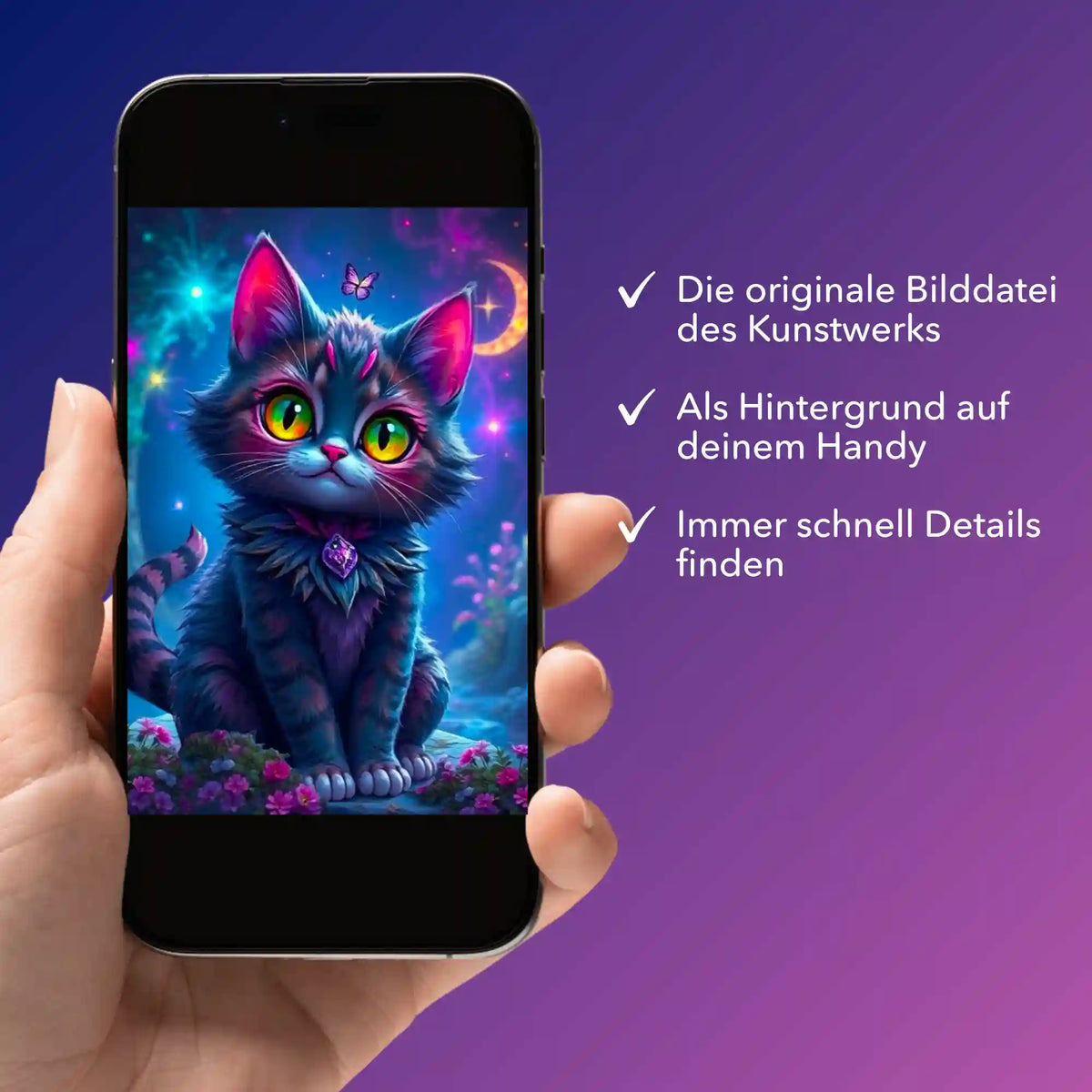 Digitale Bildmappe für Diamond Painting Motiv Night Cat auf einem Smartphone angezeigt