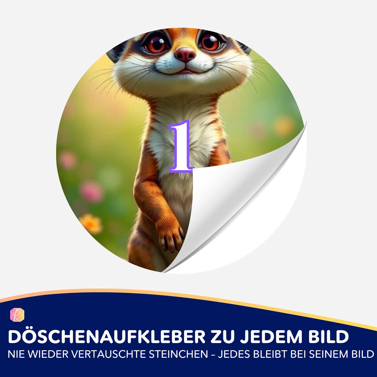 Runder Döschenaufkleber mit niedlichem Erdmännchen Eddi für die Diamond Painting Sortierung