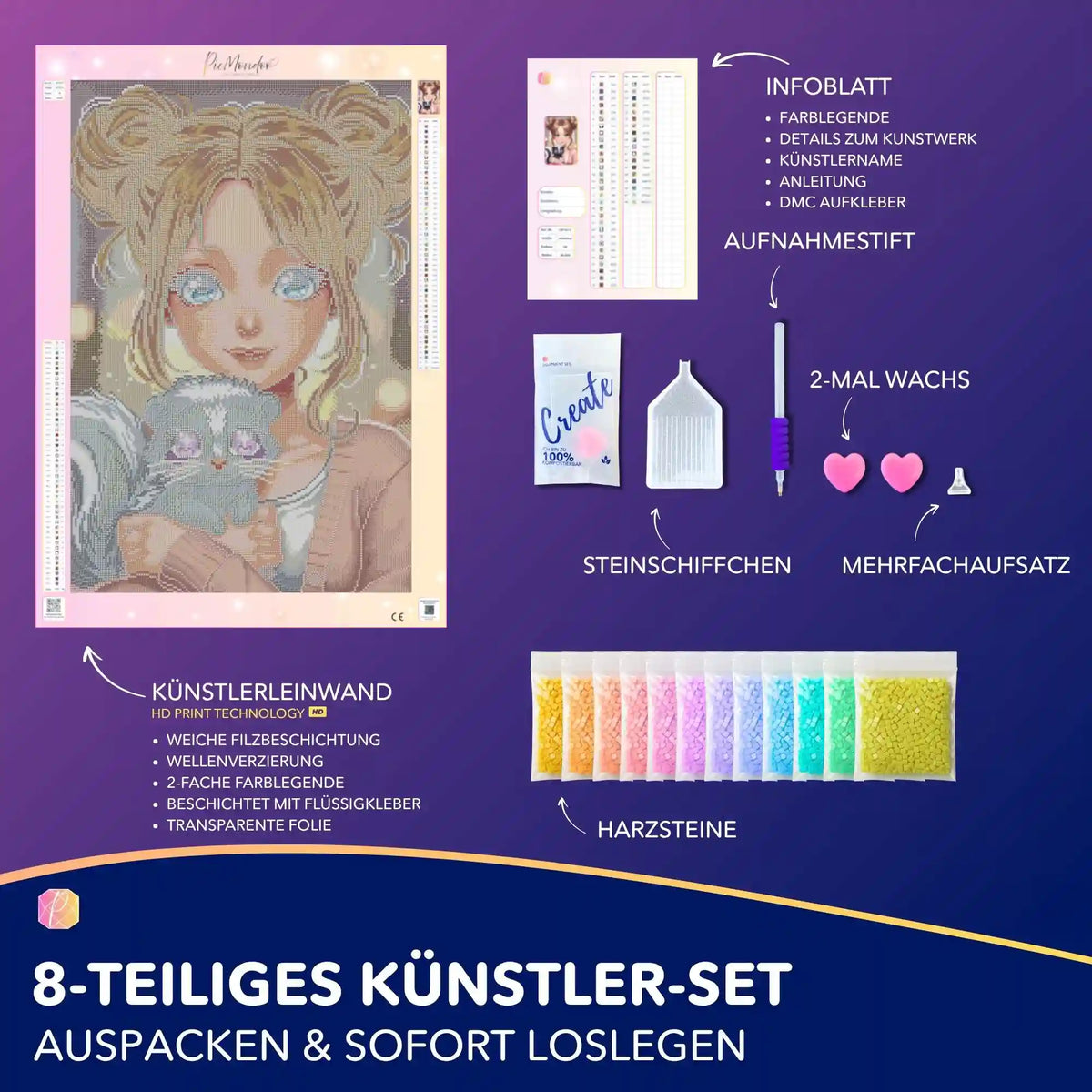Diamond Painting Set Yuna & Puki mit Anime-Mädchen, flauschigem Tier, Leinwand, Harzsteinen und Zubehör für DIY-Kunst.