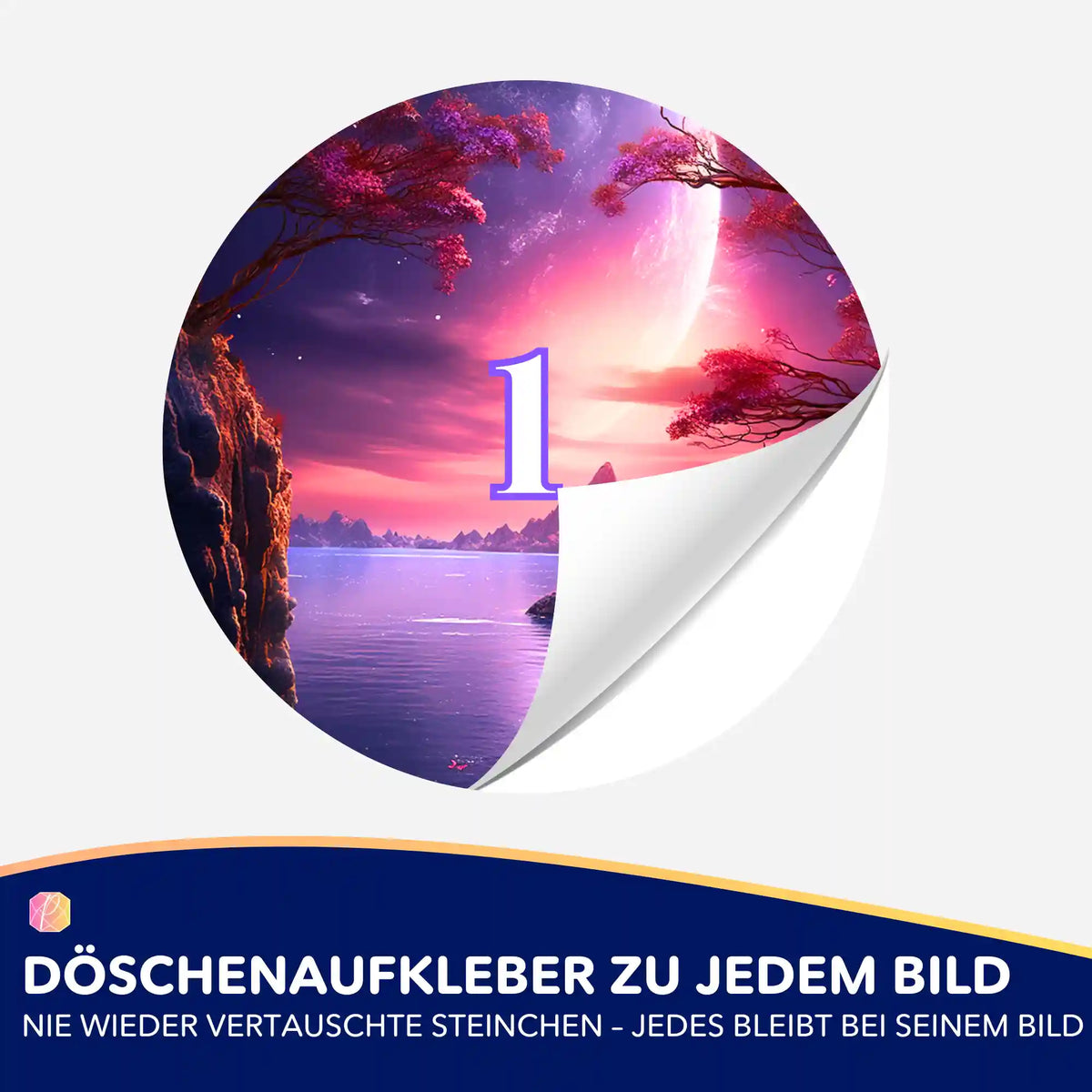 Runde Diamond Painting Döschenaufkleber mit Traum von Lunara Motiv zur geordneten Aufbewahrung der Diamanten Steinchen.