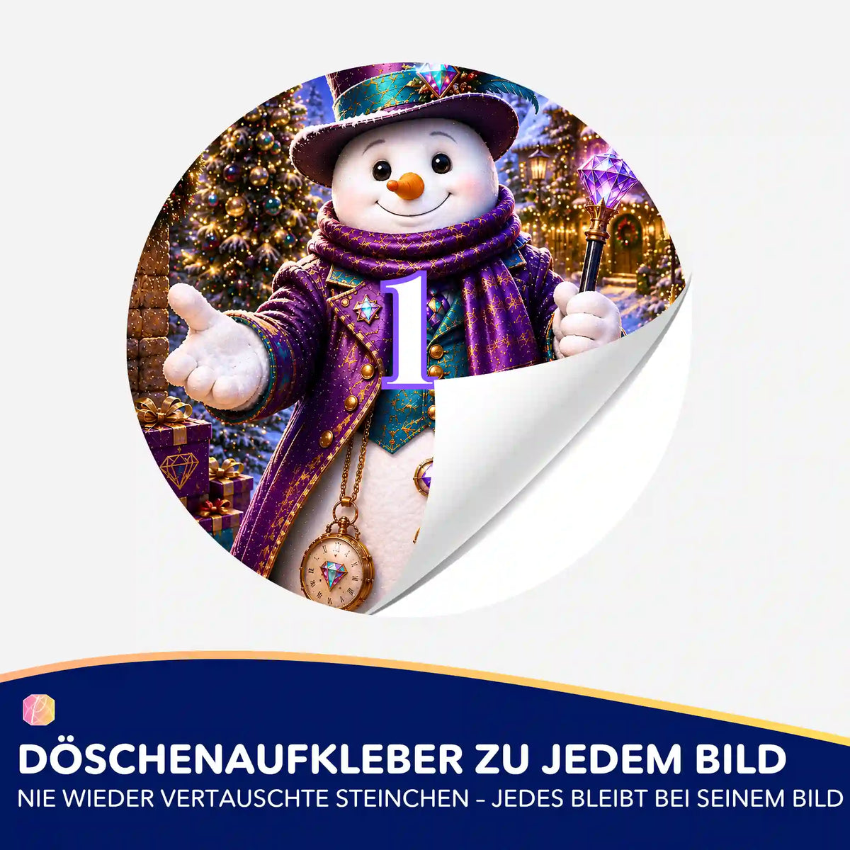Runder Döschenaufkleber mit Schneemann-Motiv für Diamond Painting Zubehör zur geordneten Aufbewahrung der Steinchen.