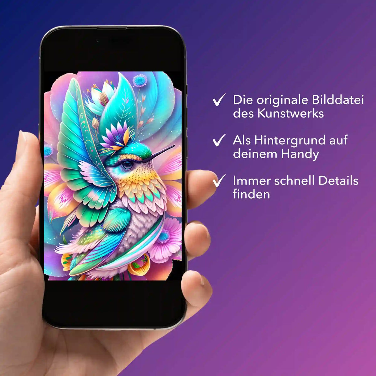 Digitale Bildmappe für Diamond Painting Motiv Kolibri als Handyhintergrund für perfekte Details beim Basteln