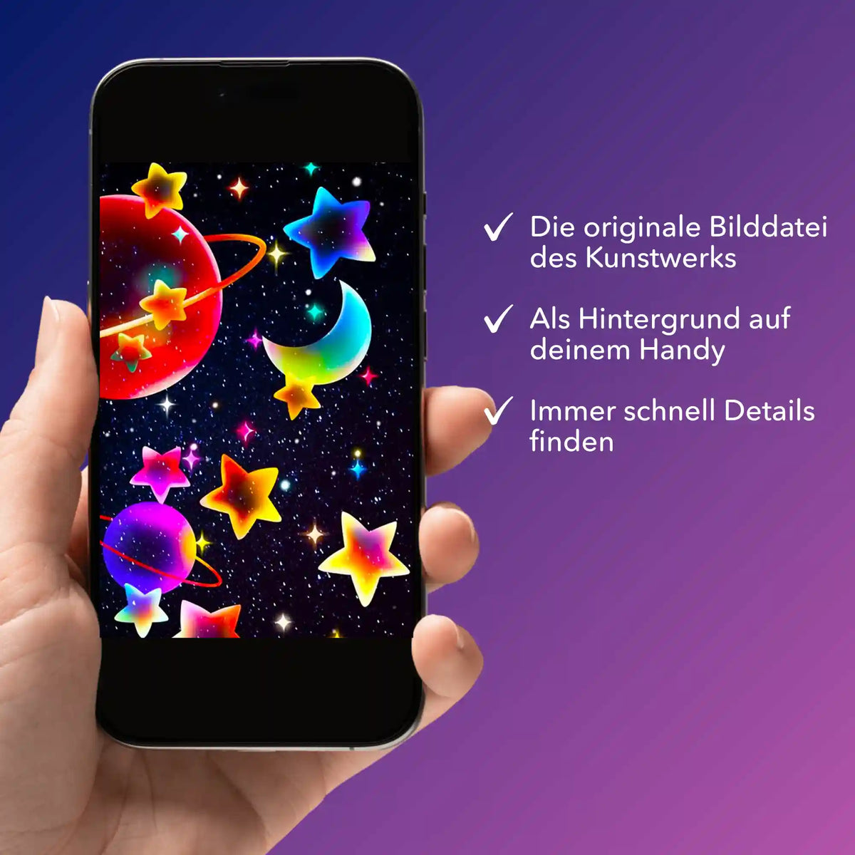 Digitale Bildmappe für Diamond Painting als Smartphone-Hintergrund mit buntem Universum-Motiv und Planeten