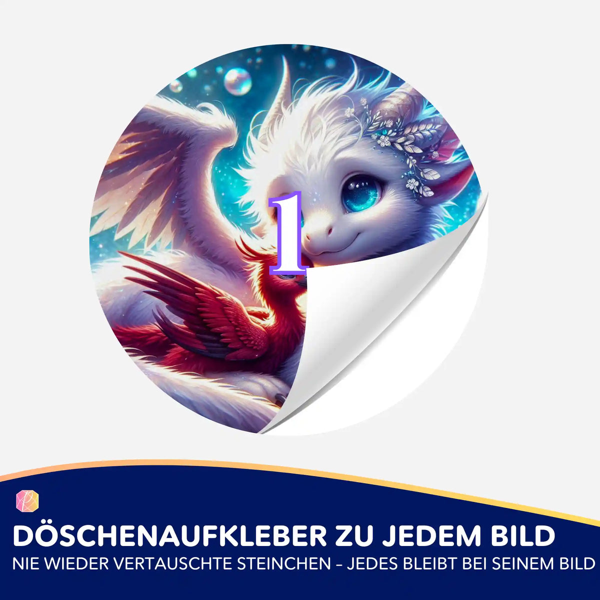 Runder Döschenaufkleber Astra & Fira für Diamond Painting zur übersichtlichen Sortierung der Diamanten Steinchen.