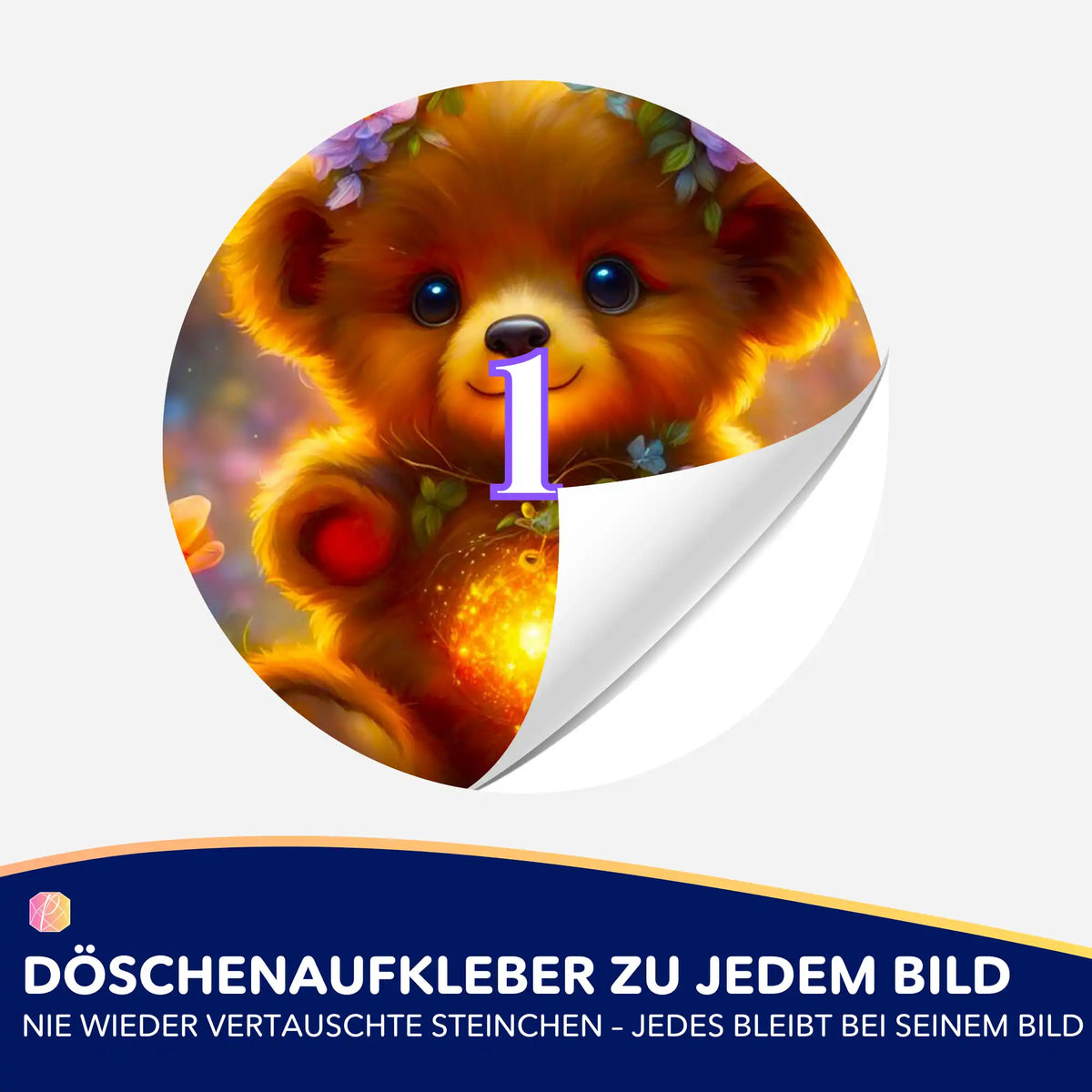 Bunter Leuchtbär Döschenaufkleber zur Organisation von Diamond Painting Steinchen für mehr Übersicht