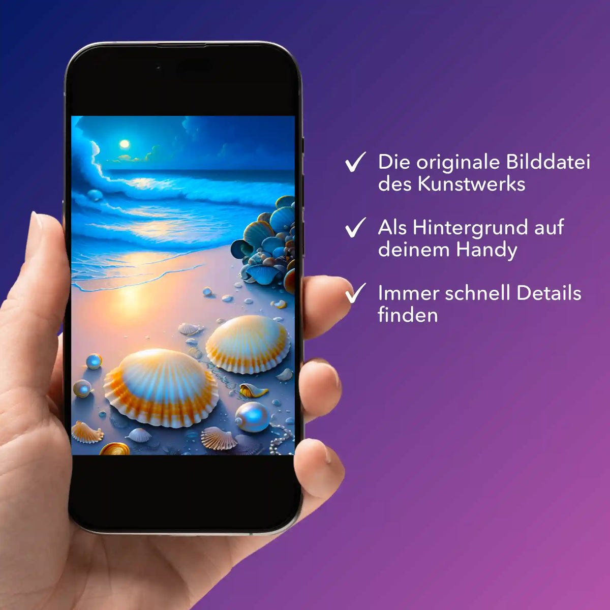 Smartphone mit digitaler Bildmappe für Diamond Painting Motiv Strand im Nachtglanz als Vorlage für kreative DIY-Projekte