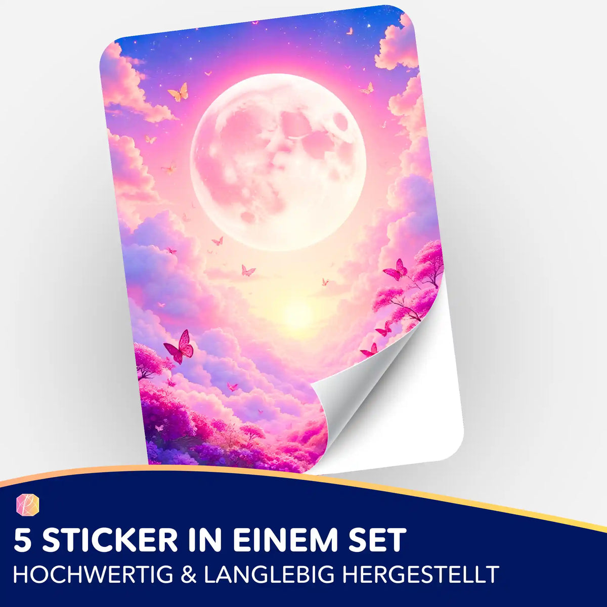5er-Set Sticker Wolkenreich mit pinkem Vollmond, Wolken und Schmetterlingen zur Organisation für Diamond Painting Zubehör