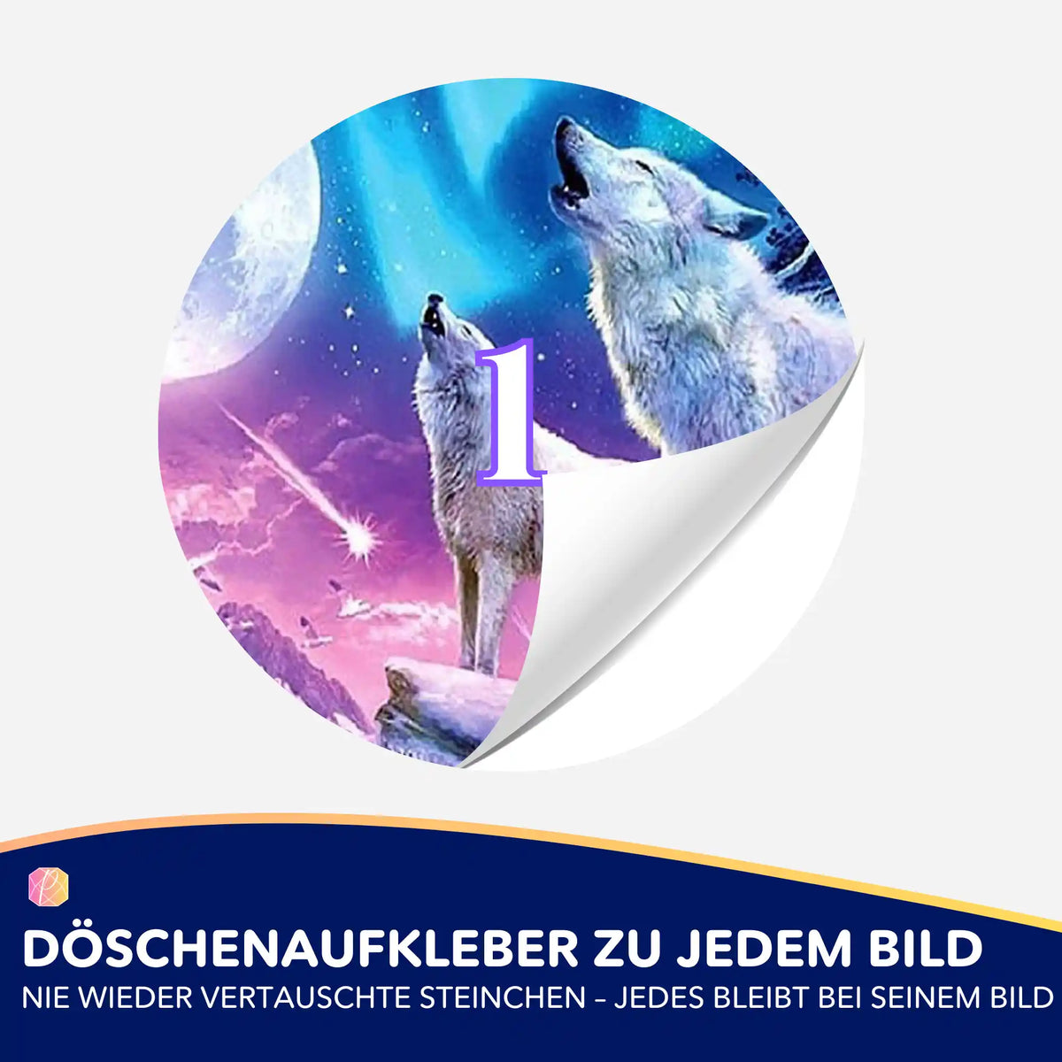 Runder Döschenaufkleber mit Wolf-Motiv zur Kennzeichnung von Diamond Painting Steinchen für Ordnung beim Basteln