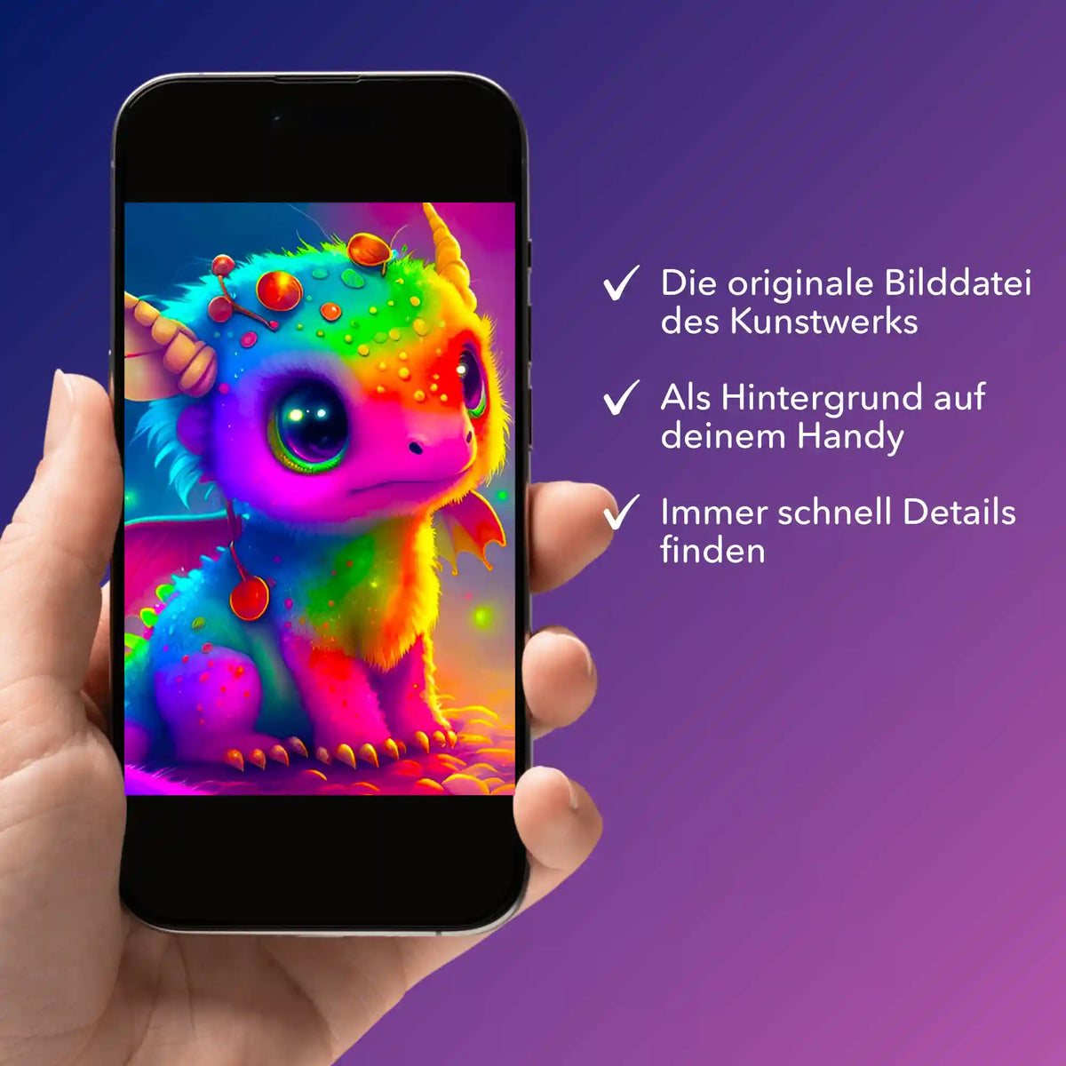 Digitale Bildmappe zum Diamond Painting Regenbogendrache als Smartphone-Hintergrund für Fans von Malen nach Zahlen