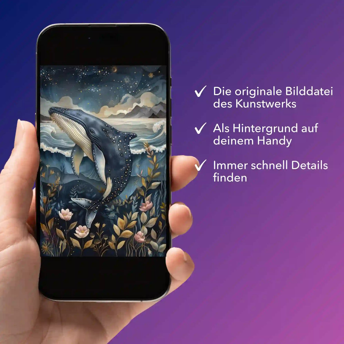 Digitale Bildmappe für Diamond Painting Motiv Meeresträume mit Wal auf Smartphone Display