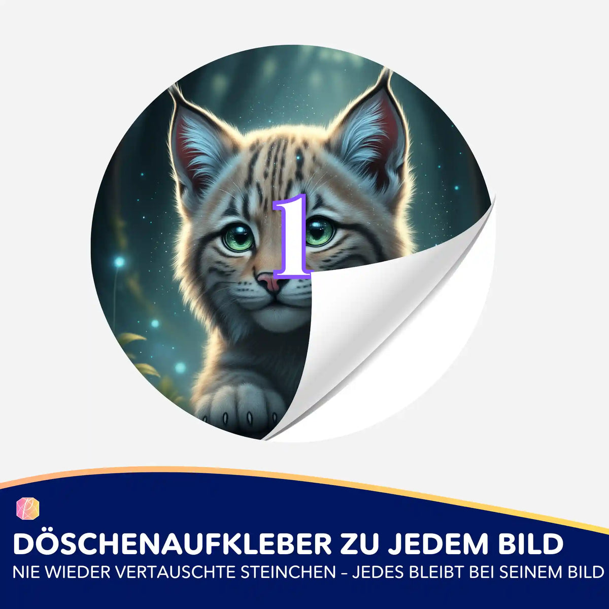 Rundes Döschenaufkleber-Set für Diamond Painting mit niedlichem Luchs-Motiv der Serie Seele des Waldes zum Sortieren