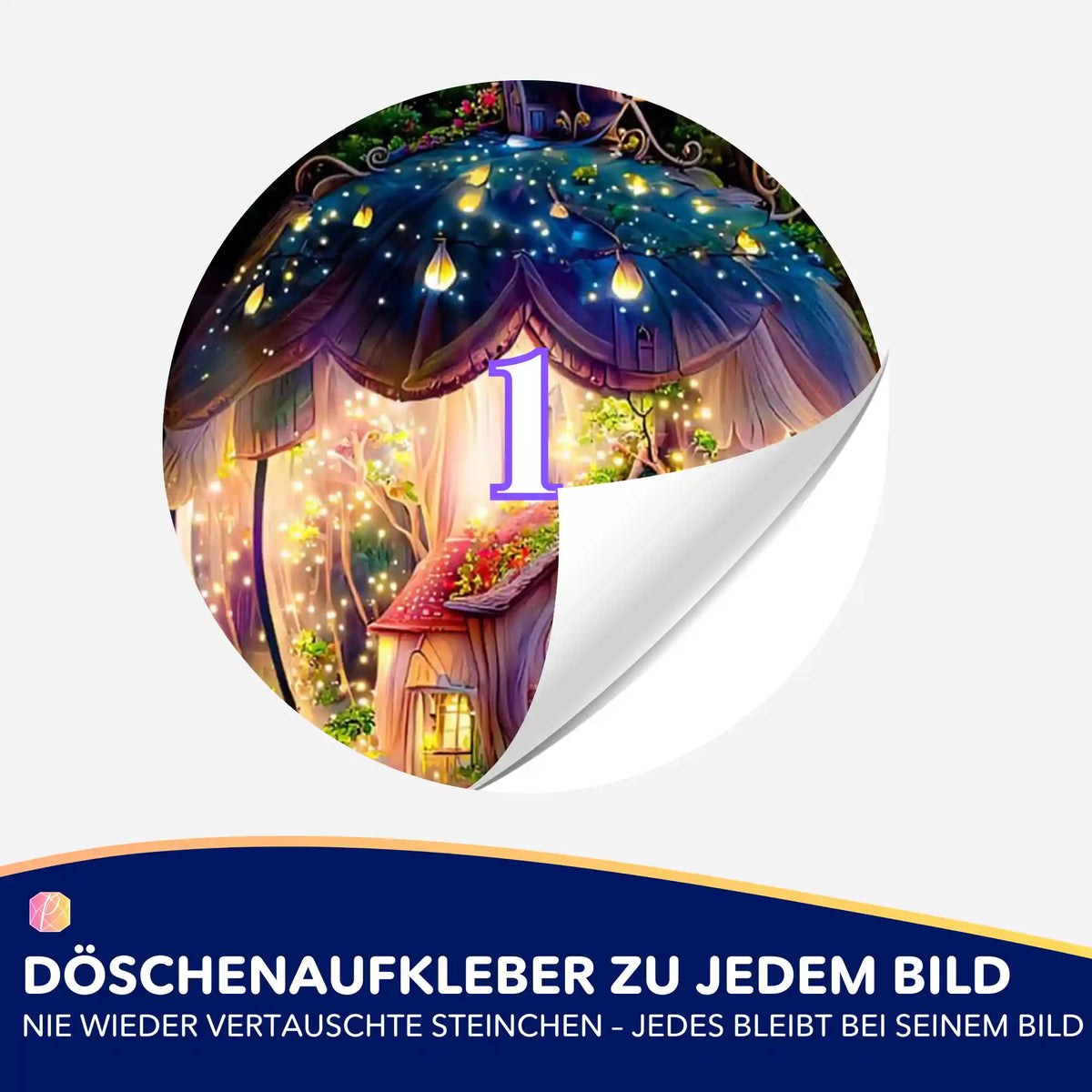 Runder Döschenaufkleber mit Fantasiehaus-Motiv für die Diamond Painting Steinchen-Sortierung