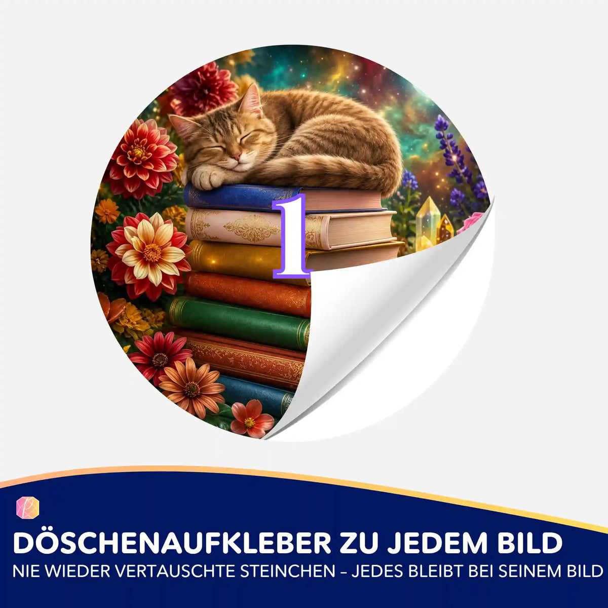 Diamond Painting Döschenaufkleber Bücherträumerei: Schlafende Katze auf Bücherstapel mit bunten Blumen.