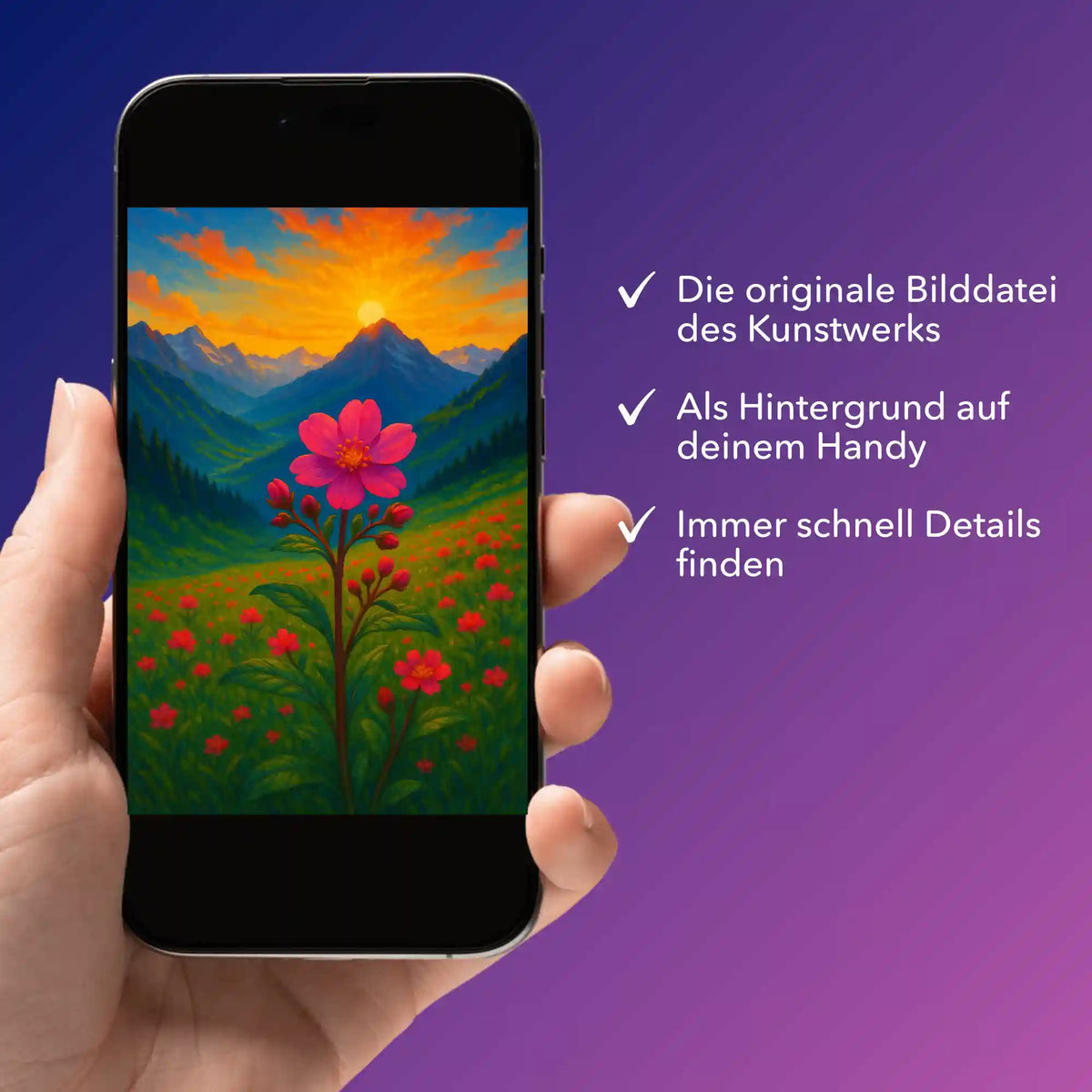 Smartphone mit digitaler Bildmappe für Diamond Painting oder Malen nach Zahlen mit Gebirgsblume-Motiv