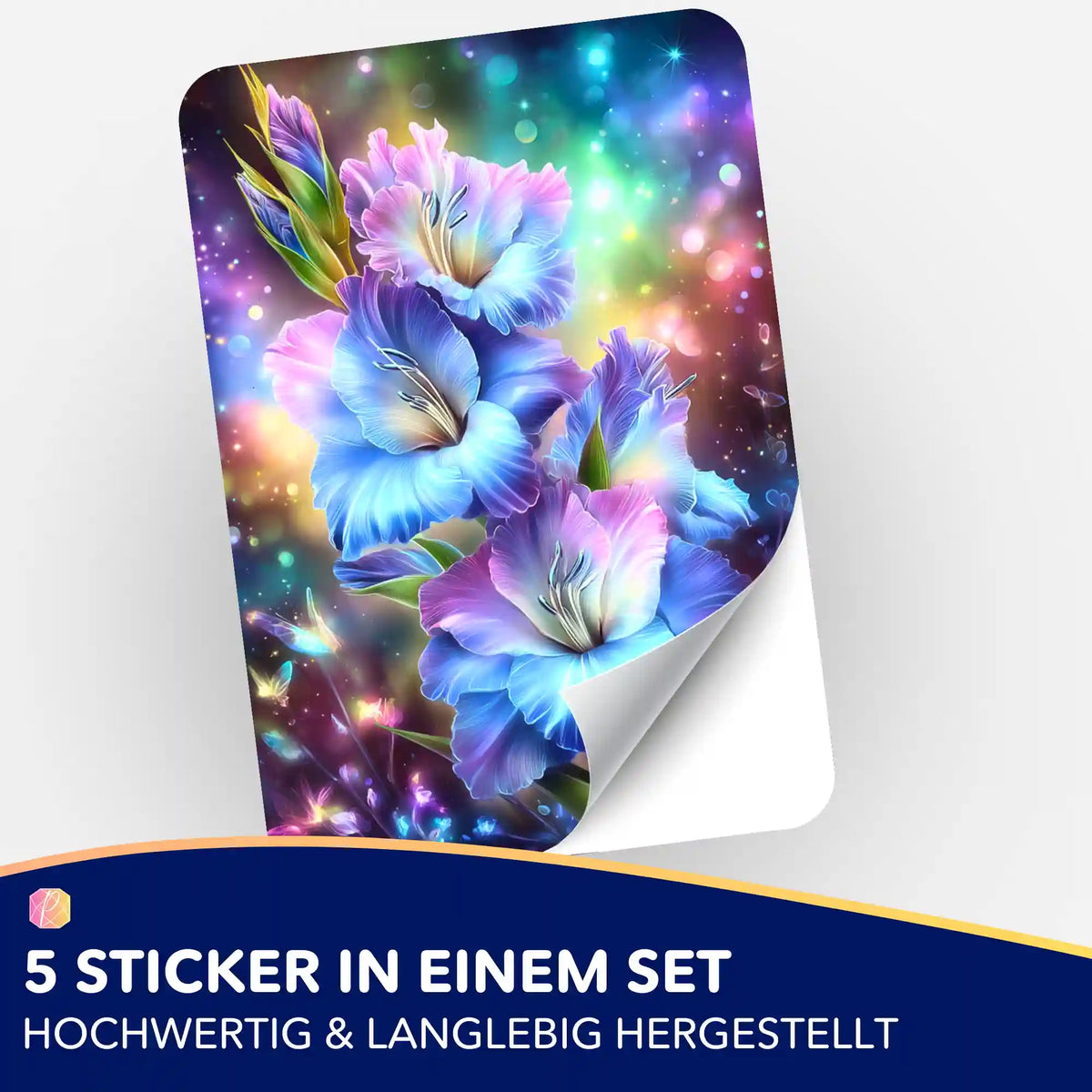 5er-Set Sticker mit farbenfrohen Blumen-Motiv zur Organisation von Diamond Painting Zubehör und Bastelsets.