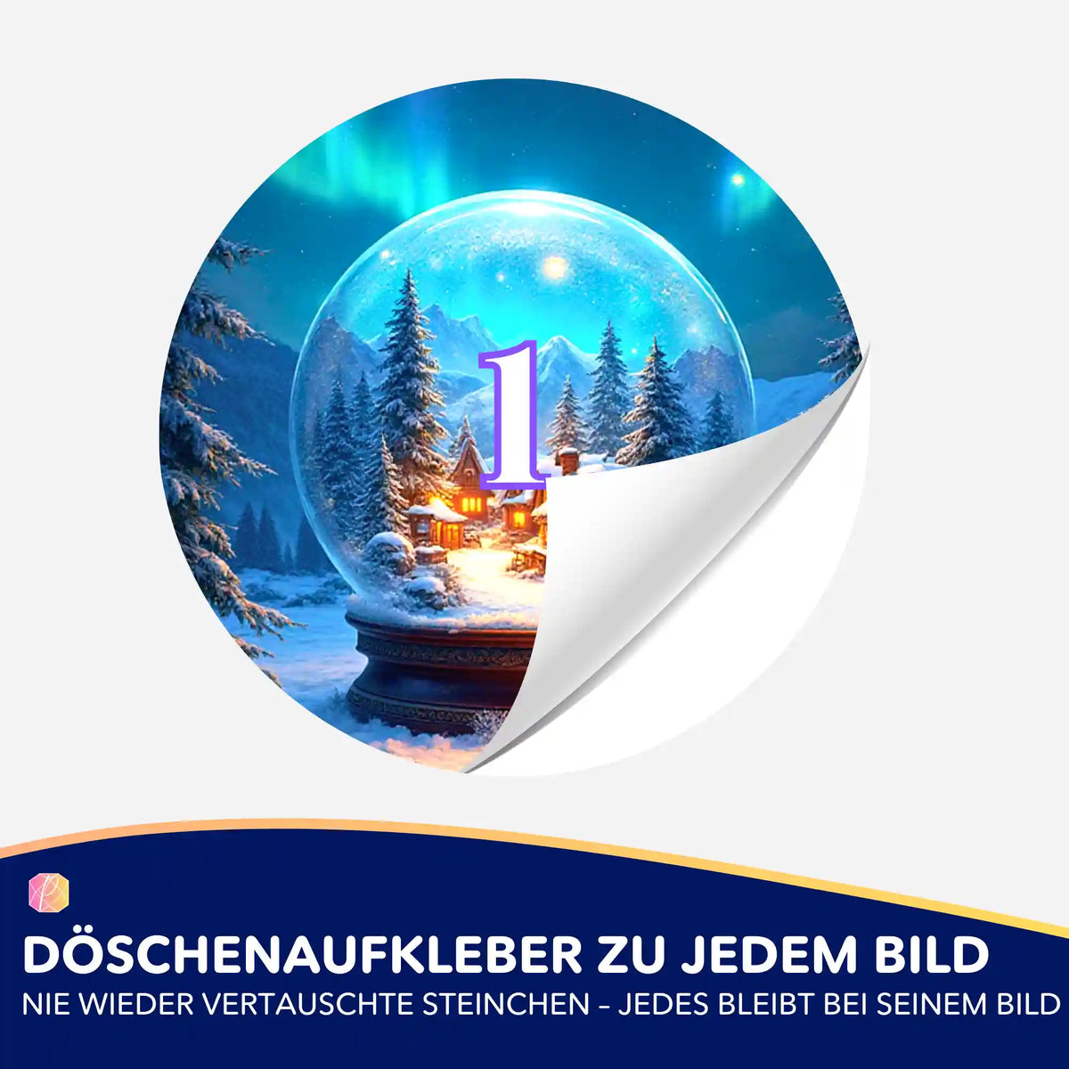 Runder Döschenaufkleber mit Schneekugel-Motiv für die einfache und übersichtliche Sortierung von Diamond Painting Steinen.