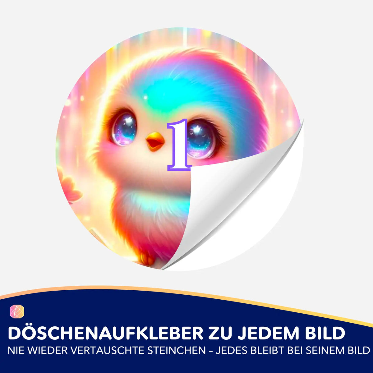 Bunter Piepmatz Lotti Döschenaufkleber für Diamond Painting zur übersichtlichen Organisation deiner Steinchen
