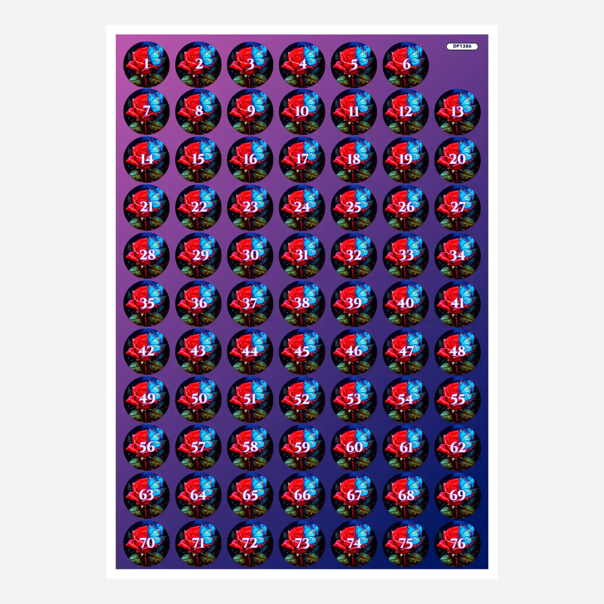 Döschenaufkleber für Diamond Painting mit Motiv Rote Rose und blauer Schmetterling inklusive Zahlen für die Steinsortierung