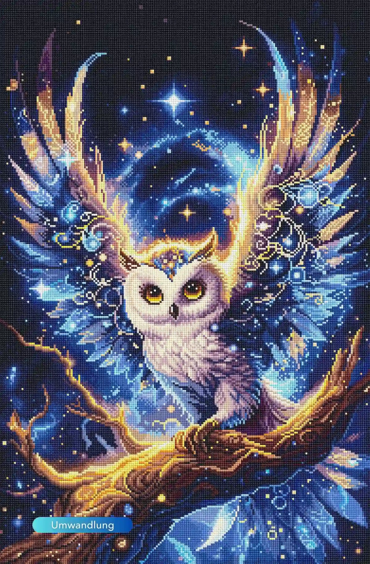 Diamond Painting Set mit einer magischen Eule vor einem Sternenhimmel, vollendet mit glitzernden Steinchen.