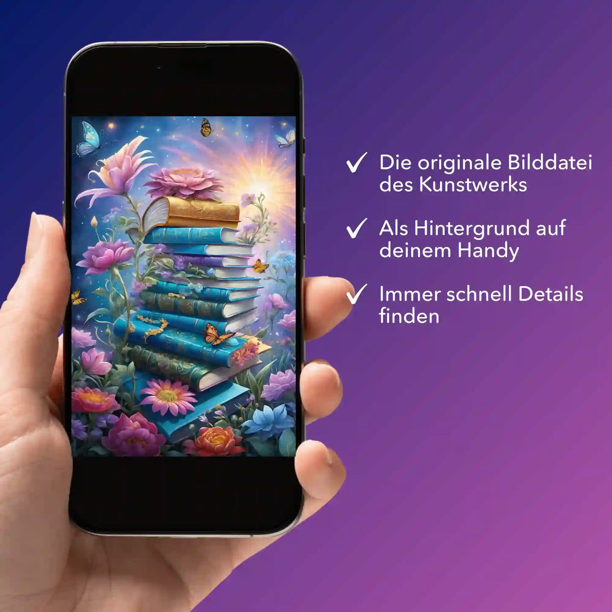 Digitale Bildmappe für Diamond Painting Motiv Book Lovers mit Blumen und Büchern als Handydisplay