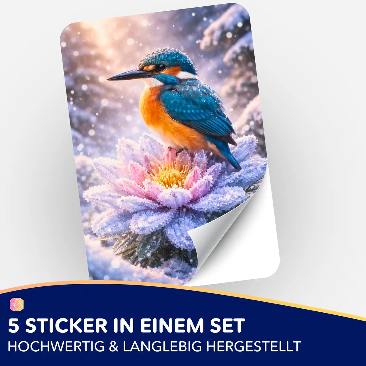 Dekorativer Sticker für Diamond Painting mit Eisvogel auf frostiger Blume aus dem 5er-Set Wo der Winter das Licht bewahrt