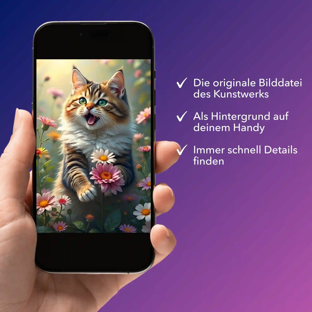 Digitale Bildmappe für Diamond Painting als Smartphone-Display mit süßem Katzen-Motiv für kreative Kunstwerke.