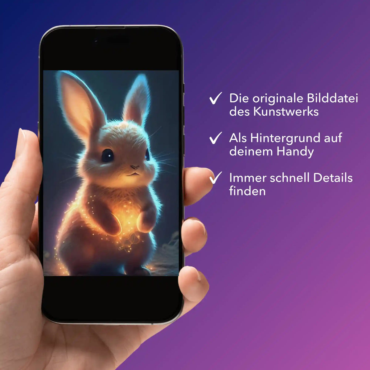 Digitale Bildmappe für Diamond Painting mit Funkelhäschen-Motiv auf Smartphone als Vorlage und Hintergrundbild.