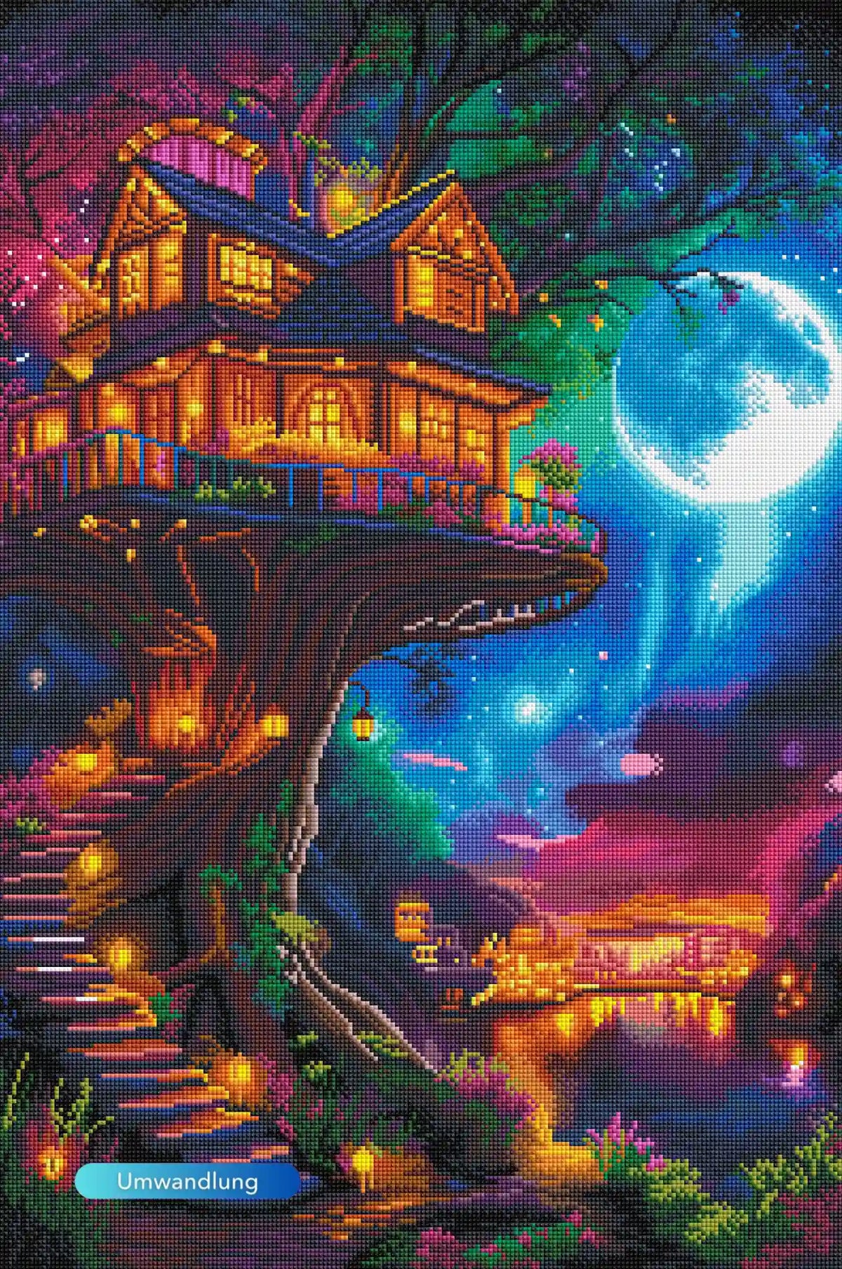 Diamond Painting Sternhafen der Wanderer: Magisches Baumhaus mit leuchtenden Laternen und Vollmond in einer Märchennacht.