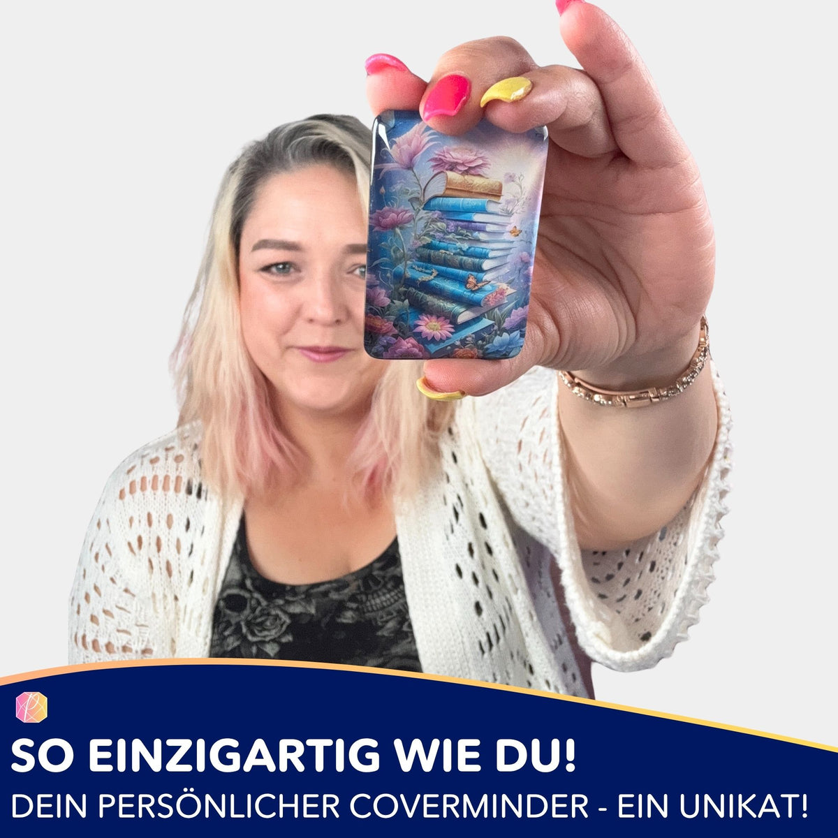 Personalisierter Glas-Coverminder mit Blumen- und Bücher-Motiv als nützliches Accessoire für Diamond Painting