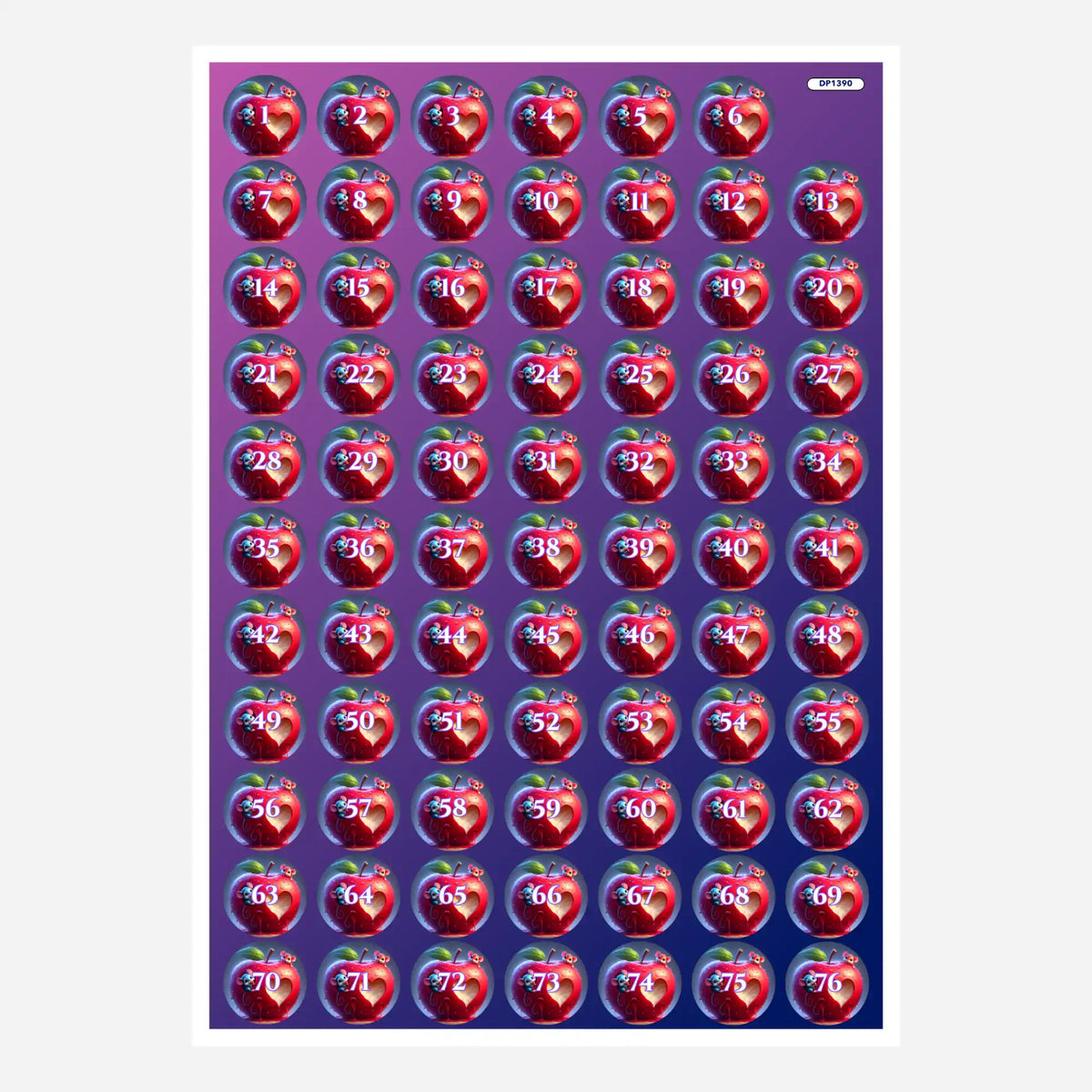 Buntes Diamond Painting Aufkleber-Set mit Apfel-Motiven für Döschen zur Sortierung von Diamantsteinen und Bastelzubehör.