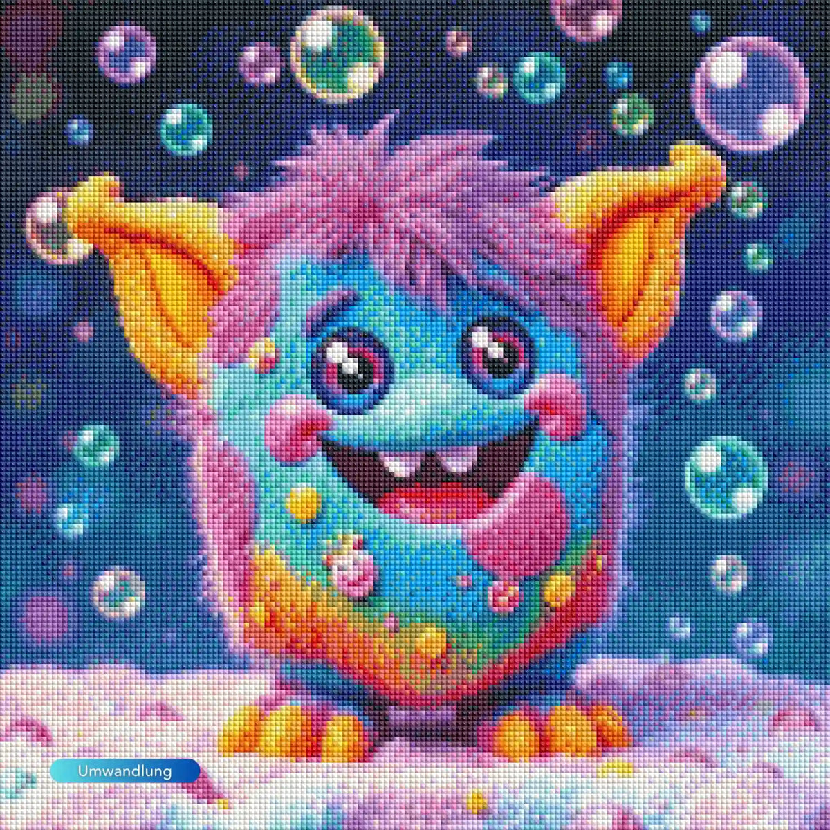 Diamond Painting Set Grinsebacke: Farbgewaltiges, flauschiges Fantasy-Monster mit glitzernden Seifenblasen