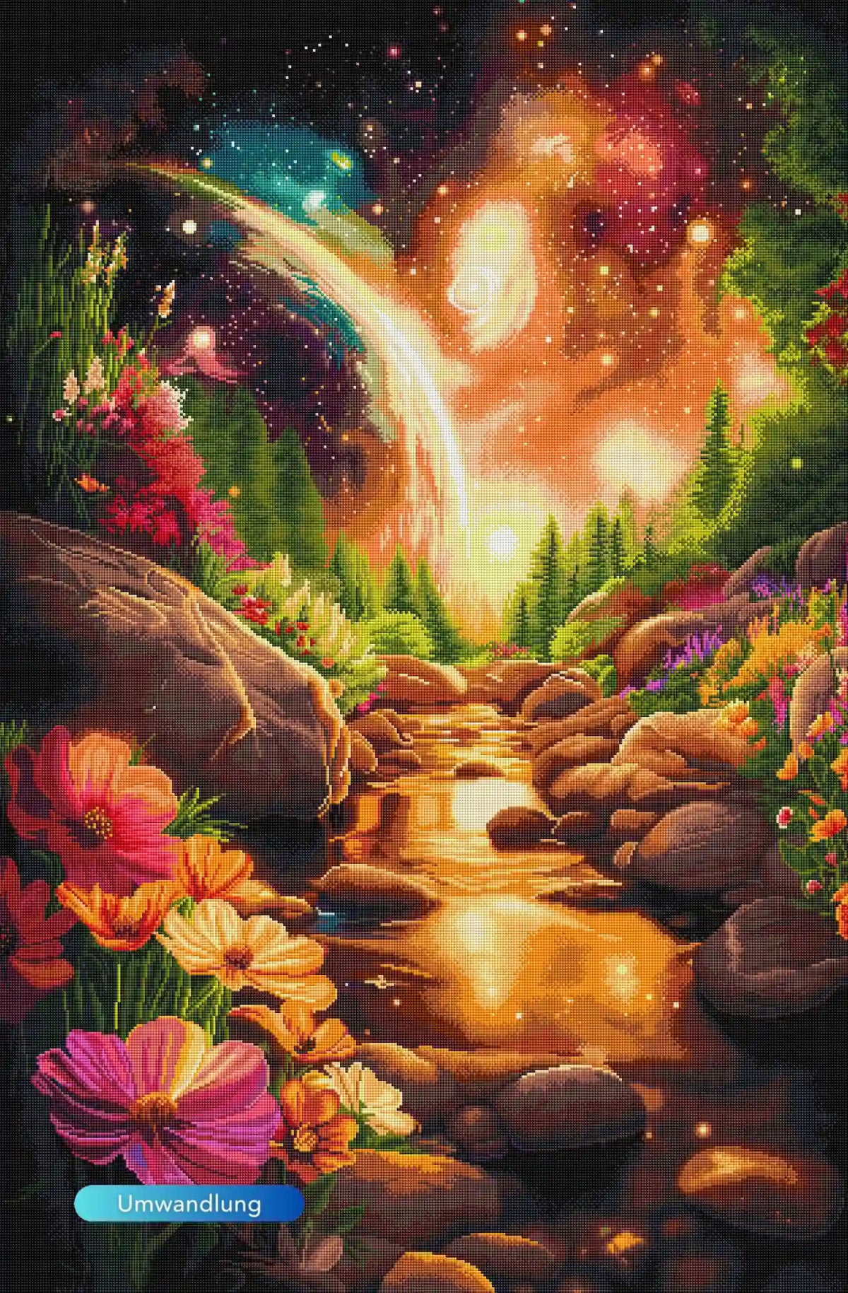 Diamond Painting Set mit magischer Waldlandschaft, leuchtendem Bach, Blumenwiese und kosmischem Sternenhimmel.