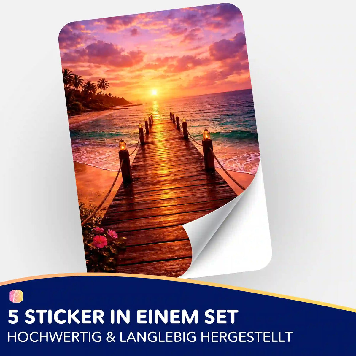 5er-Set Aufkleber mit Steg am Strand bei Sonnenuntergang für Diamond Painting Organisation und Bastelzubehör