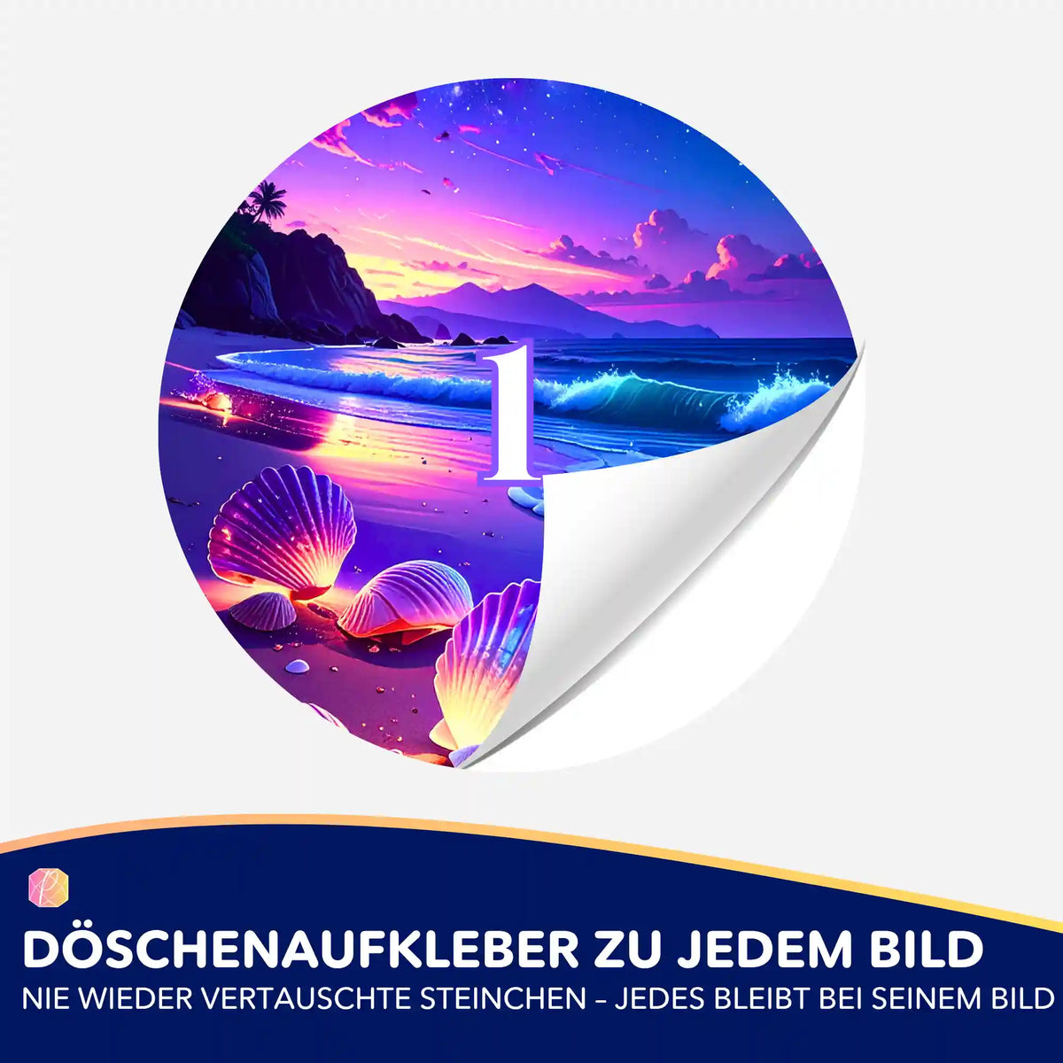 Runder Döschenaufkleber mit Wunschmuscheln Motiv für Diamond Painting Zubehör zur einfachen Sortierung der Steine.