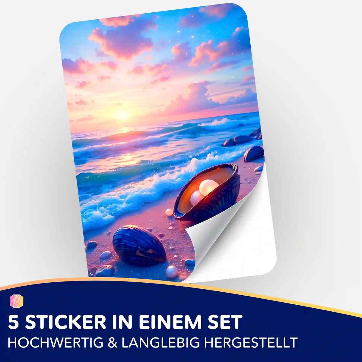 5er Aufkleber-Set Strandliebe für Diamond Painting Organisation mit Muschel- und Sonnenuntergangsmotiv