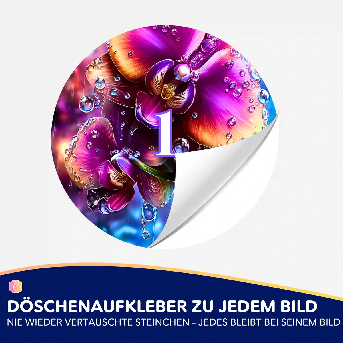 Bunter Döschenaufkleber mit Orchideen-Motiv für Diamond Painting Zubehör zur einfachen Sortierung der Steinchen.
