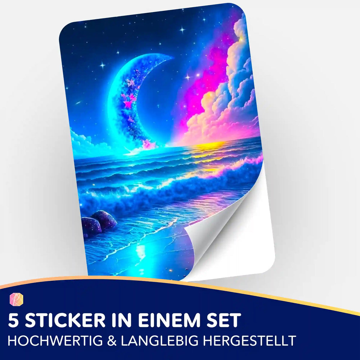 5er-Set Aufkleber Strand im Mondschein für Diamond Painting Organisation mit farbenfrohem Nachthimmel-Motiv
