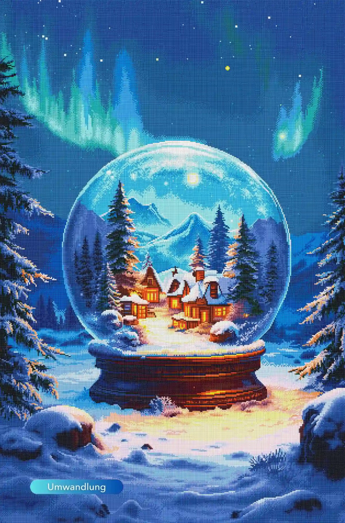 Diamond Painting Schneekugel Motiv mit Winterlandschaft, Blockhütte im Schnee und Nordlichtern am Nachthimmel