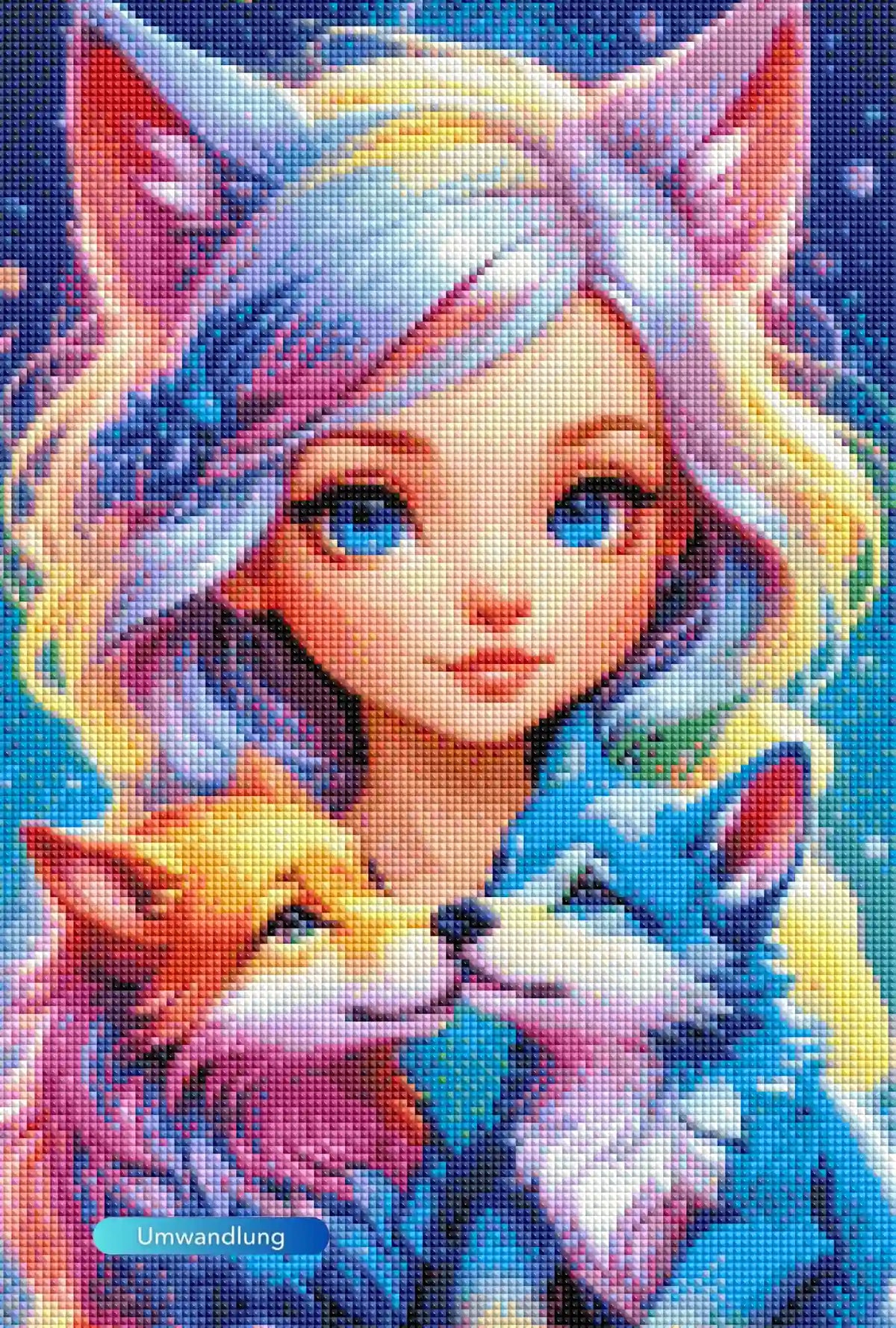 Diamond Painting mit Wolfsmädchen Finja und zwei bunten Wolfswelpen, fantasievolles Motiv glitzernd umgesetzt.